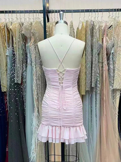 Spaghetti Straps Pink Sheath Ruffled Homecoming Dress J11632