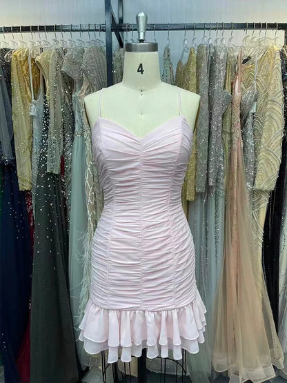 Spaghetti Straps Pink Sheath Ruffled Homecoming Dress J11632