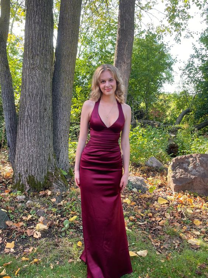 V Neck Burgundy Satin Sheath Long Prom Dresses J2652