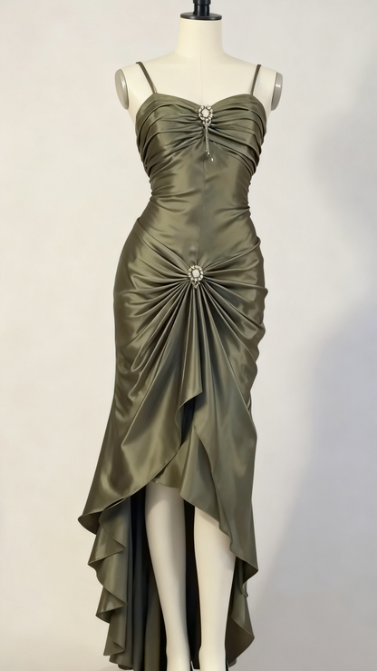 Robe de bal longue fourreau verte à bretelles spaghetti J2672