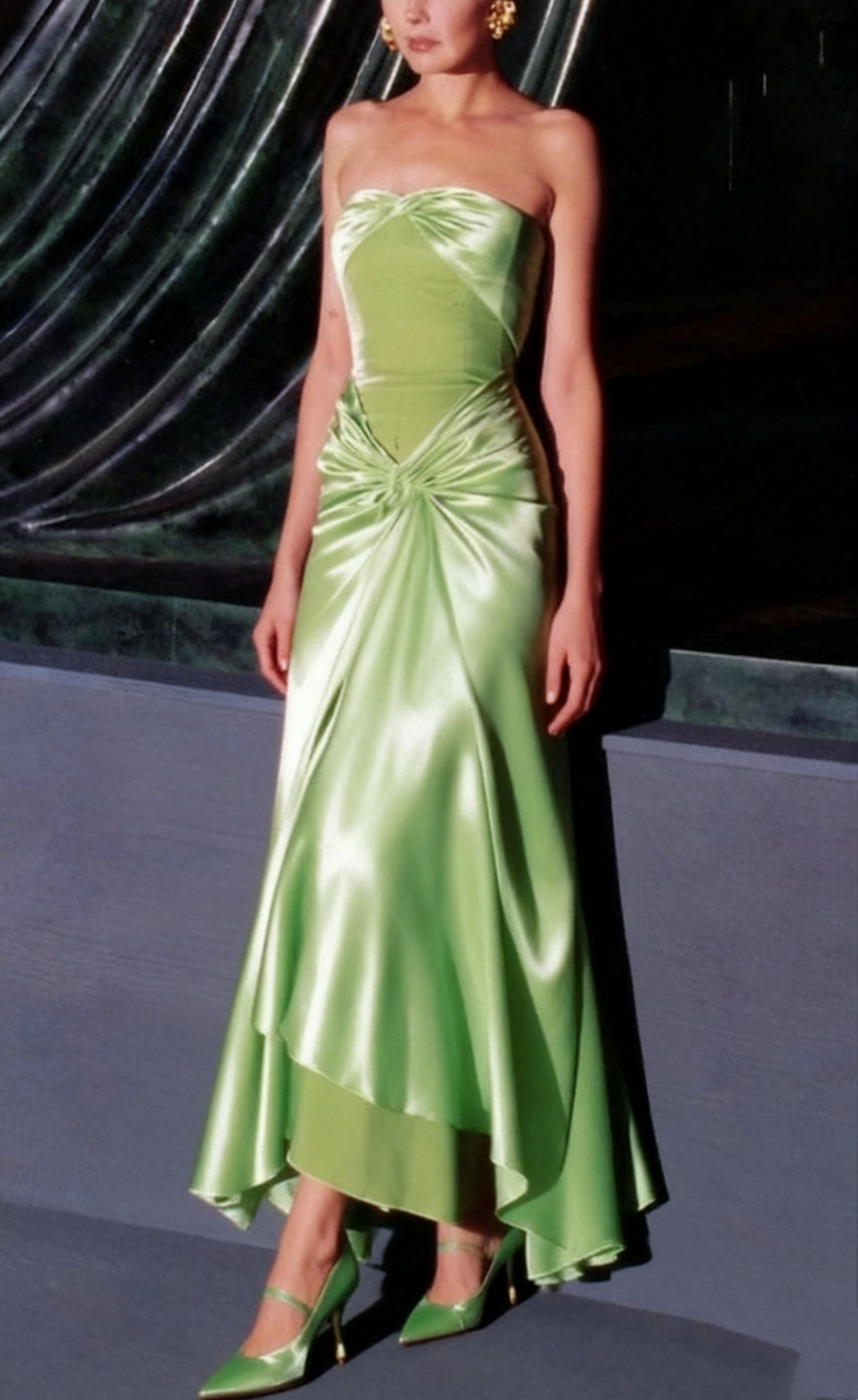 Strapless Green Sheath Long Evening Dress Satin Velvet Prom Dress J2586
