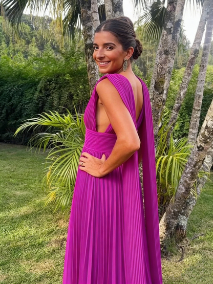 Rosarotes langes Ballkleid mit tiefem V-Ausschnitt und S-Linie J2772