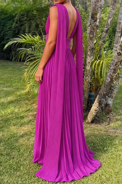 Rosarotes langes Ballkleid mit tiefem V-Ausschnitt und S-Linie J2772