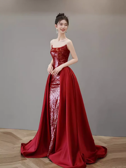 Robe de bal longue rouge bustier coupe trapèze avec fente J2832