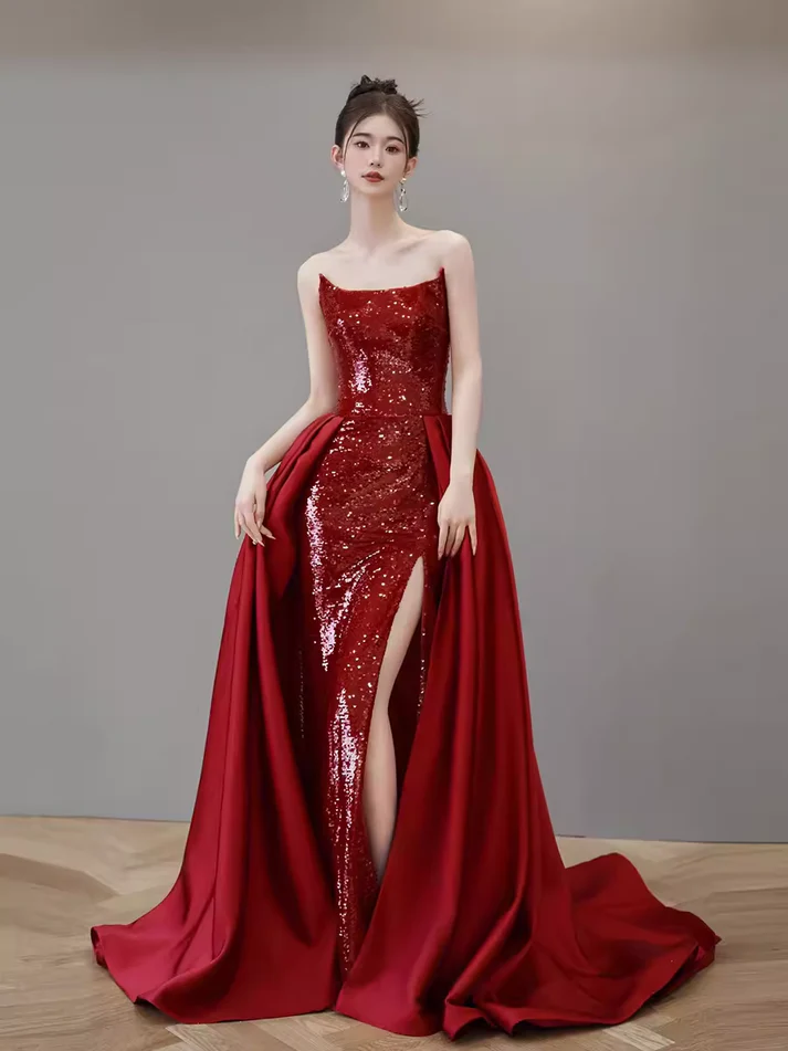 Robe de bal longue rouge bustier coupe trapèze avec fente J2832