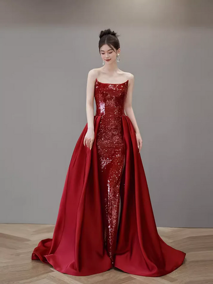 Robe de bal longue rouge bustier coupe trapèze avec fente J2832