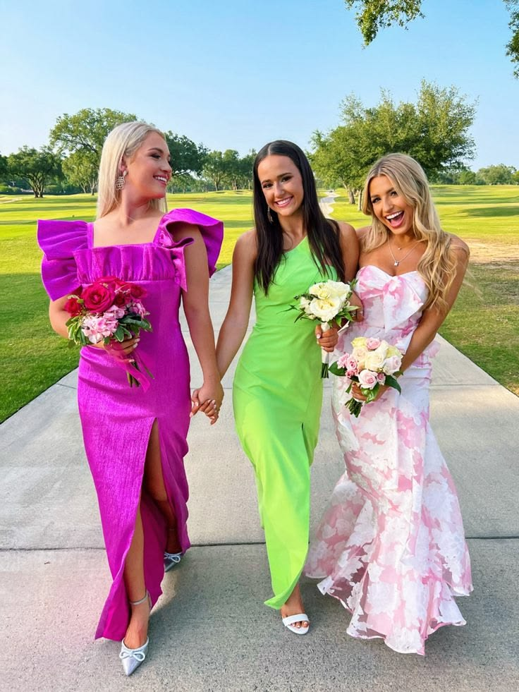 Pink Satin A Line Ruffled Sleeves Prom Dresses With Slit J2847