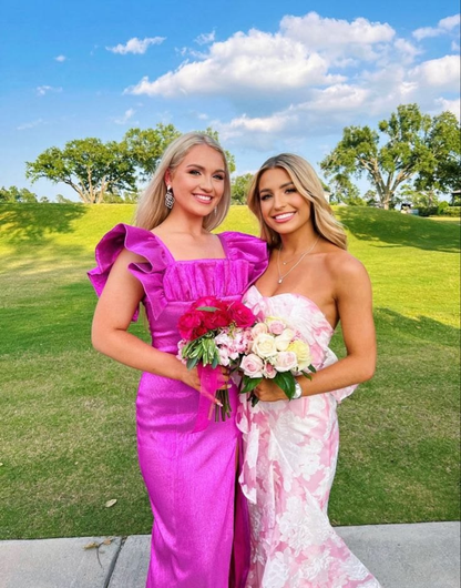 Pink Satin A Line Ruffled Sleeves Prom Dresses With Slit J2847