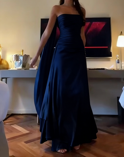 Robe de bal longue en satin bleu sans bretelles, coupe trapèze, tenue de soirée formelle J2877