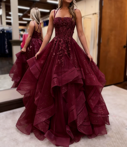 Langes, appliziertes A-Linien-Abendkleid aus lila Tüll, ideal für Geburtstagsfeiern und andere festliche Anlässe (J2894)