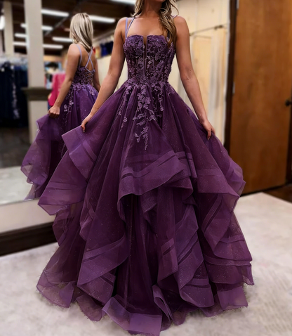 Langes, appliziertes A-Linien-Abendkleid aus lila Tüll, ideal für Geburtstagsfeiern und andere festliche Anlässe (J2894)