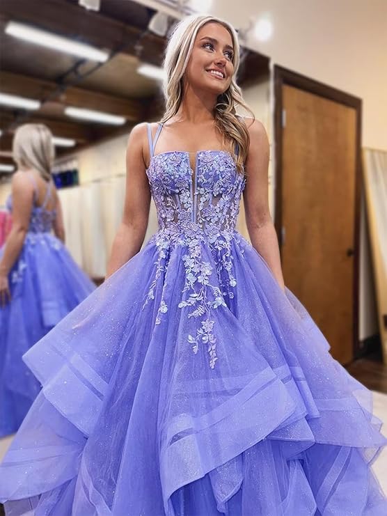 Langes, appliziertes A-Linien-Abendkleid aus lila Tüll, ideal für Geburtstagsfeiern und andere festliche Anlässe (J2894)