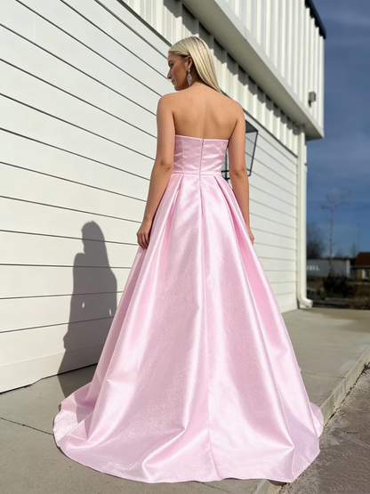 Strapless Pink Satin A Line Long Prom Dress J2896