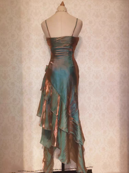 Vintage Spaghettiträger Grünes Meerjungfrau-Ballkleid mit Rüschen J2934