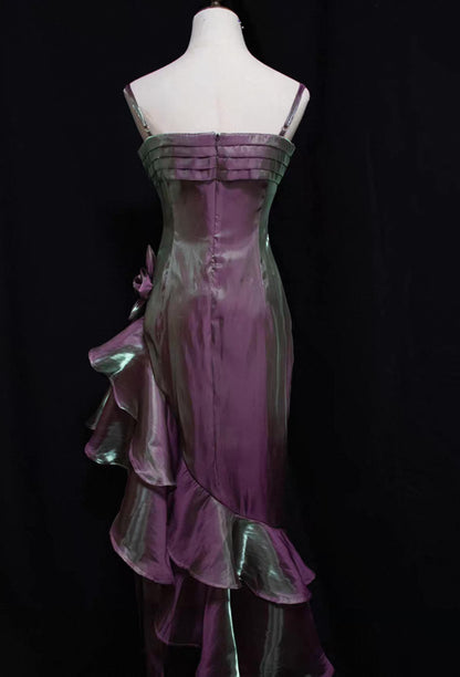 Vintage Spaghetti Straps Purple Mermaid Ruffled Prom Dress J2935