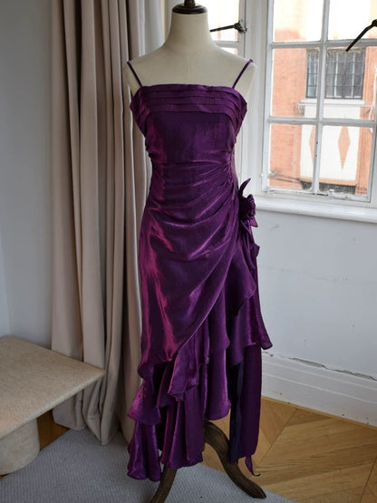 Vintage Spaghetti Straps Purple Mermaid Ruffled Prom Dress J2935