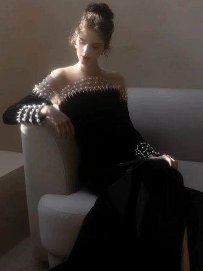 Robe de bal longue sirène élégante en velours noir J2966