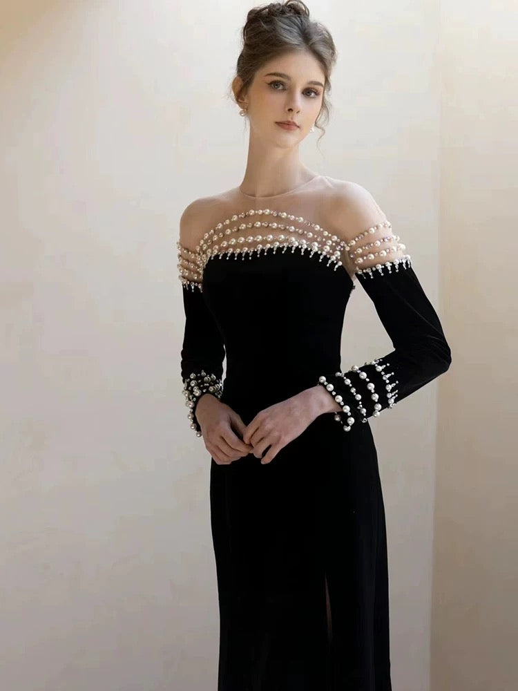 Robe de bal longue sirène élégante en velours noir J2966