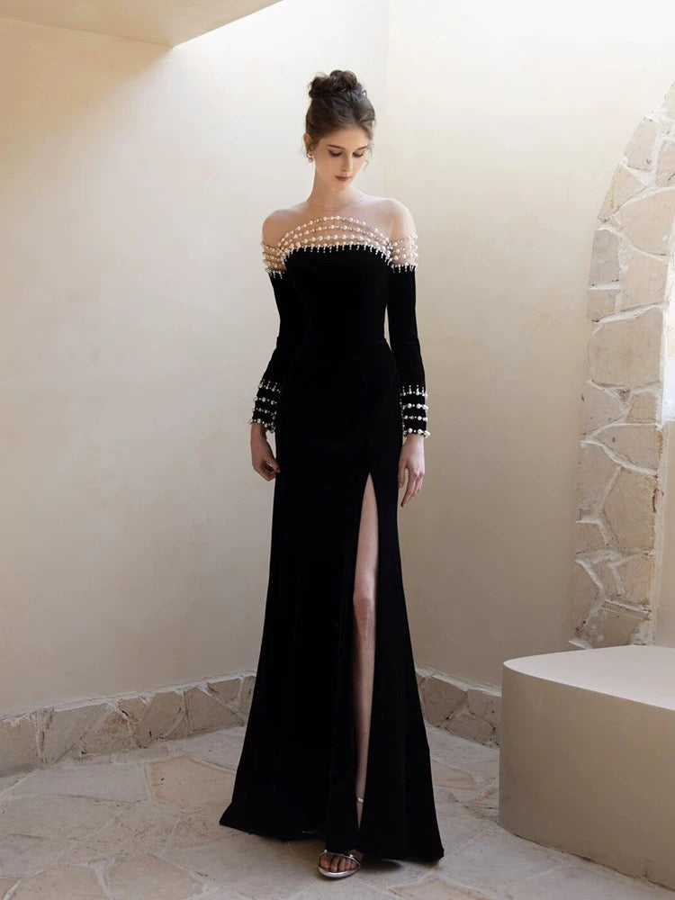 Robe de bal longue sirène élégante en velours noir J2966