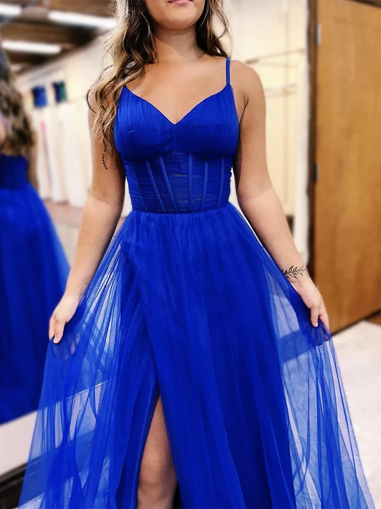 Königsblaues A-Linien-Ballkleid aus Tüll mit V-Ausschnitt und Schlitz J2990