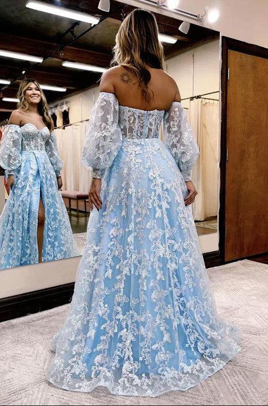 Blue Lace A Line Long Prom Dress Applique Formal Party Dress J3026