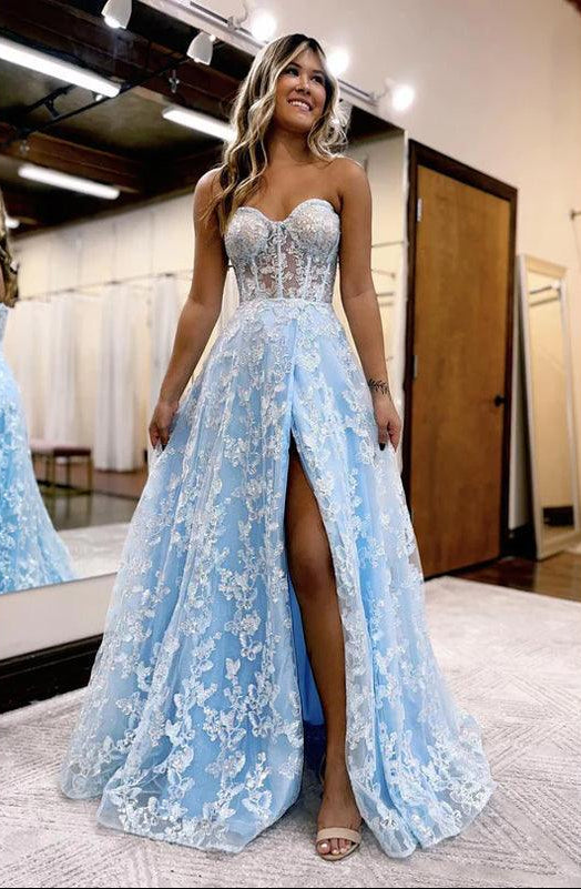 Blue Lace A Line Long Prom Dress Applique Formal Party Dress J3026