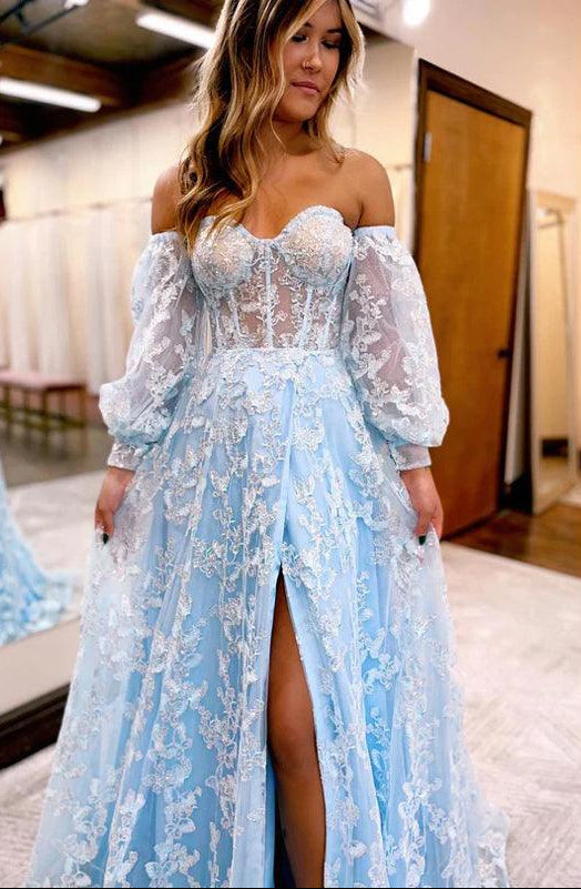 Blue Lace A Line Long Prom Dress Applique Formal Party Dress J3026