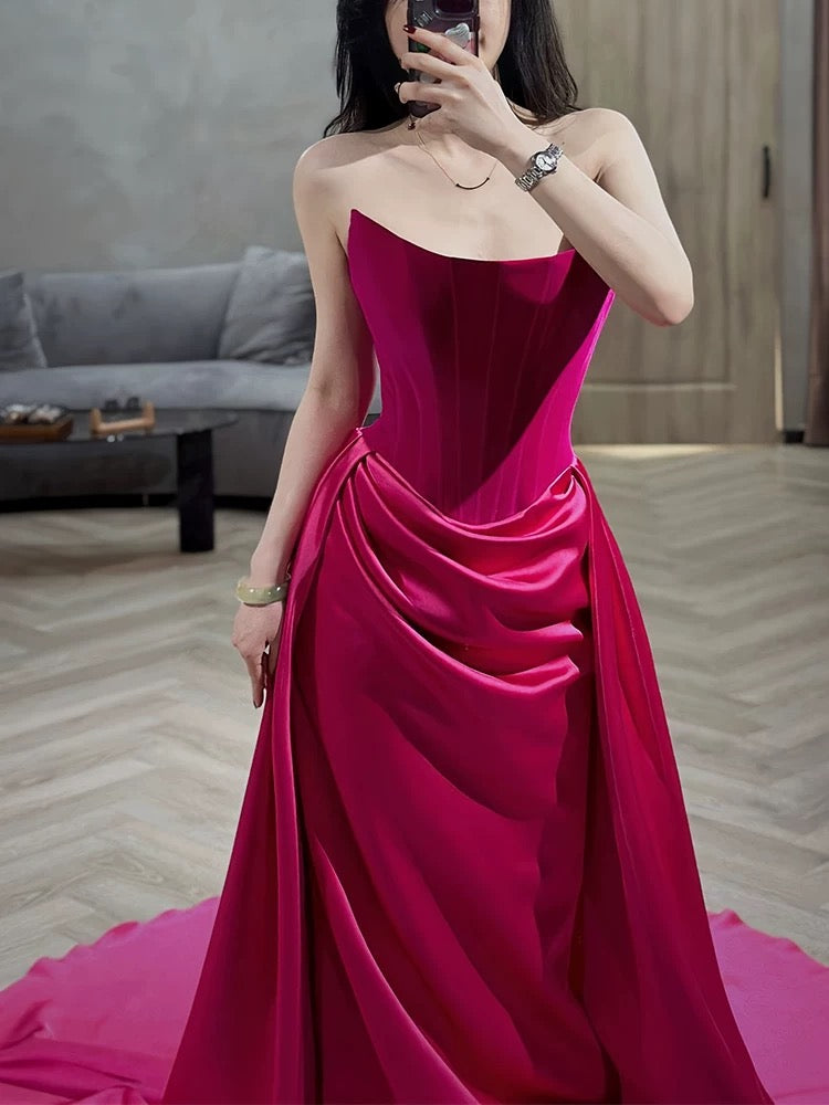 Strapless Sheath Hot Pink Long Prom Dress With Slit J3059