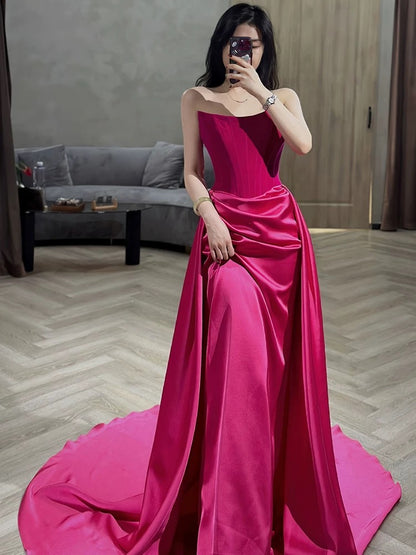 Strapless Sheath Hot Pink Long Prom Dress With Slit J3059