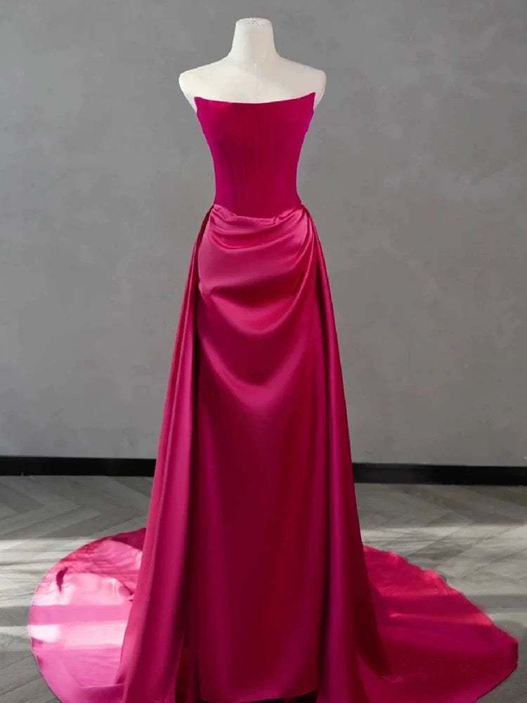 Strapless Sheath Hot Pink Long Prom Dress With Slit J3059