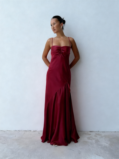 Robe de bal longue pêche en satin, coupe trapèze, modèle J3146