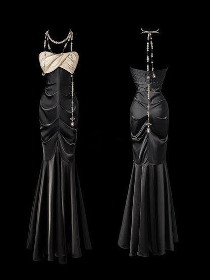 Robe de bal longue noire style sirène sans bretelles, tenue de soirée formelle J3273