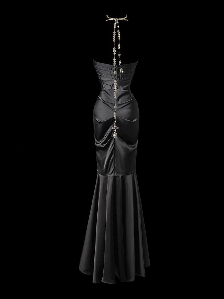 Robe de bal longue noire style sirène sans bretelles, tenue de soirée formelle J3273