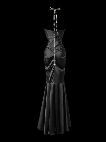 Robe de bal longue noire style sirène sans bretelles, tenue de soirée formelle J3273