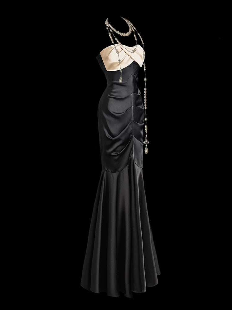 Robe de bal longue noire style sirène sans bretelles, tenue de soirée formelle J3273
