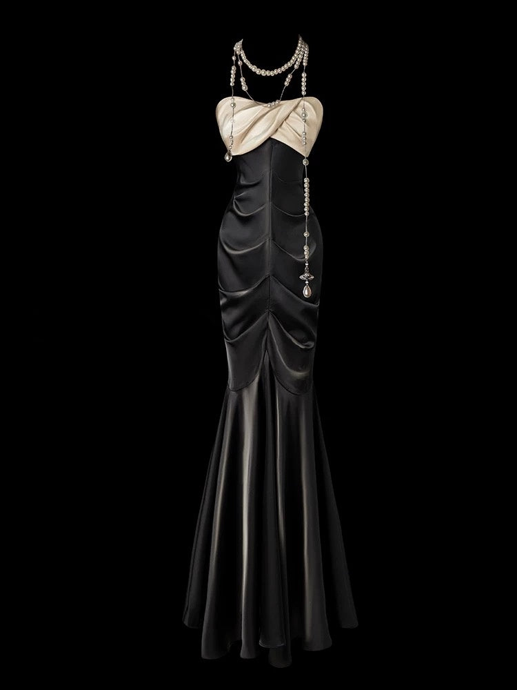 Robe de bal longue noire style sirène sans bretelles, tenue de soirée formelle J3273