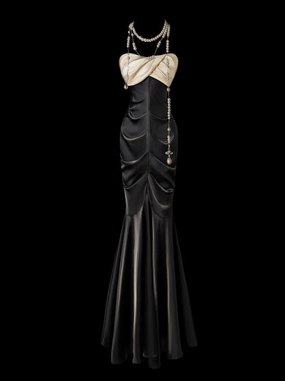 Robe de bal longue noire style sirène sans bretelles, tenue de soirée formelle J3273