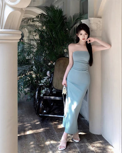 Strapless Blue Sheath Long Prom Dress Party Gown  J3311