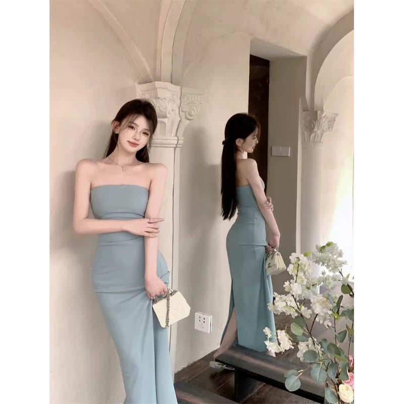 Strapless Blue Sheath Long Prom Dress Party Gown  J3311