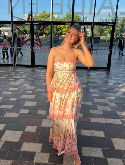 Robe de bal longue imprimée coupe trapèze, robe de soirée formelle superposée J3324