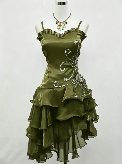 Robe Courte de Bal Noire à Volants, Robe de Soirée Rétro Perlée J3325