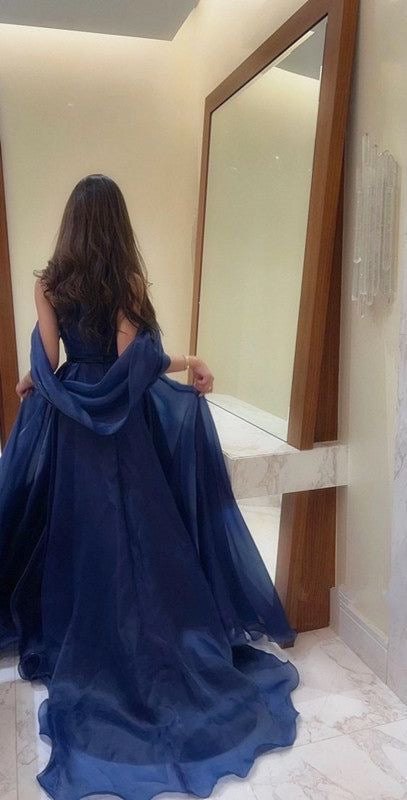 Robe de bal longue bustier coupe trapèze bleu marine J3358