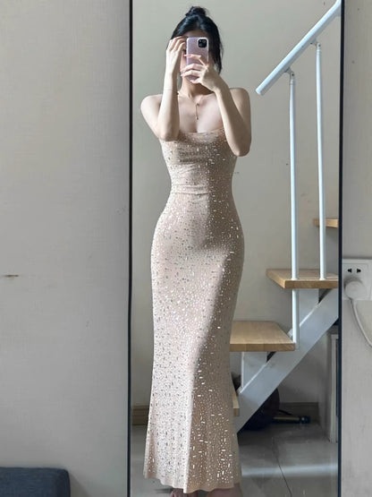 Robe de bal longue fourreau beige à paillettes J3364