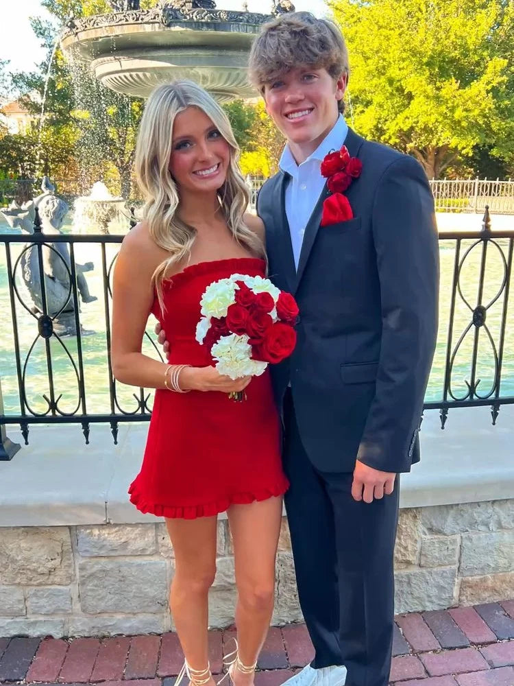 Robe de bal courte rouge sans bretelles J3395