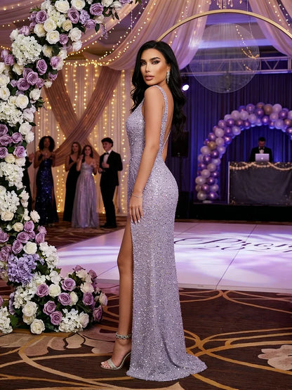 Robe de bal longue à sequins lavande et col en V, robe de soirée formelle J3503
