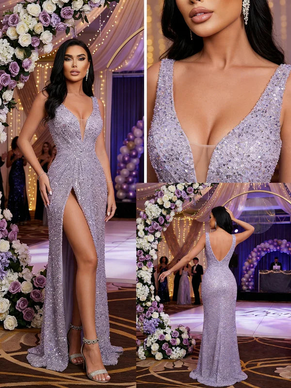 Robe de bal longue à sequins lavande et col en V, robe de soirée formelle J3503