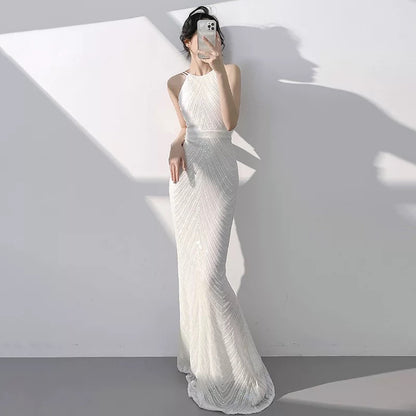 Robe de mariée fourreau blanche à paillettes, longue robe de soirée formelle J3625