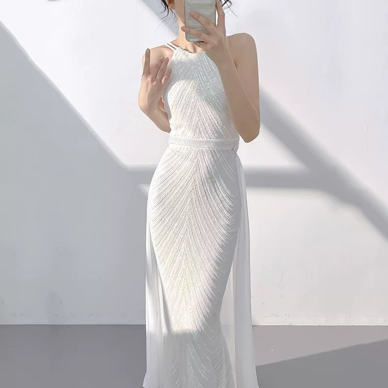 Robe de mariée fourreau blanche à paillettes, longue robe de soirée formelle J3625