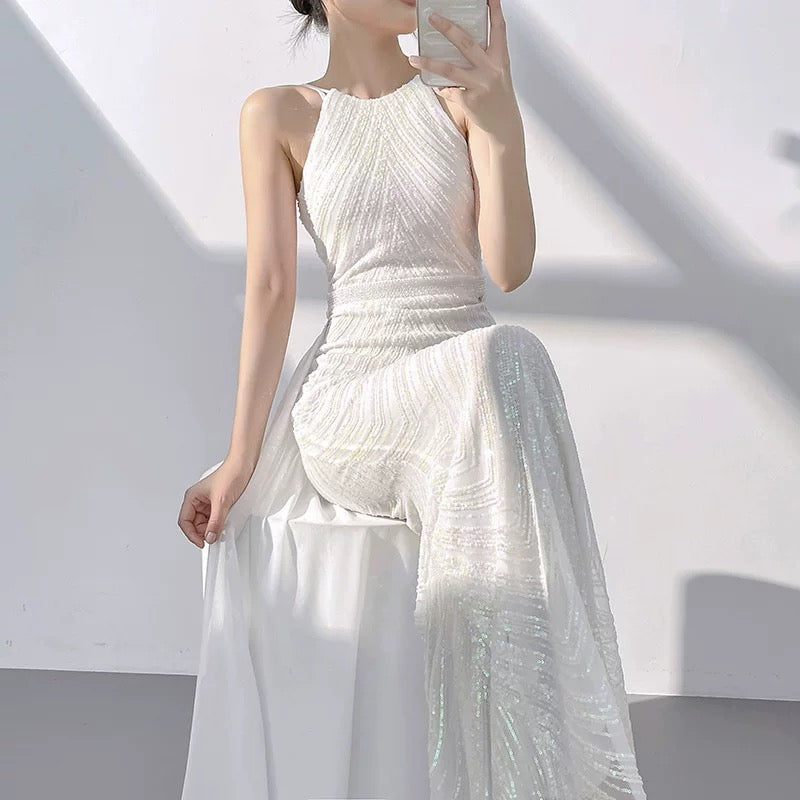 Robe de mariée fourreau blanche à paillettes, longue robe de soirée formelle J3625