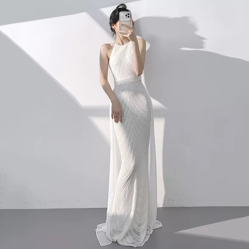 Robe de mariée fourreau blanche à paillettes, longue robe de soirée formelle J3625